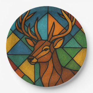 Vintage Deer Tiffany Style Stained Glass Design Paper Plate