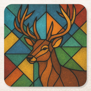 Vintage Deer Tiffany Style Stained Glass Design Square Paper Coaster