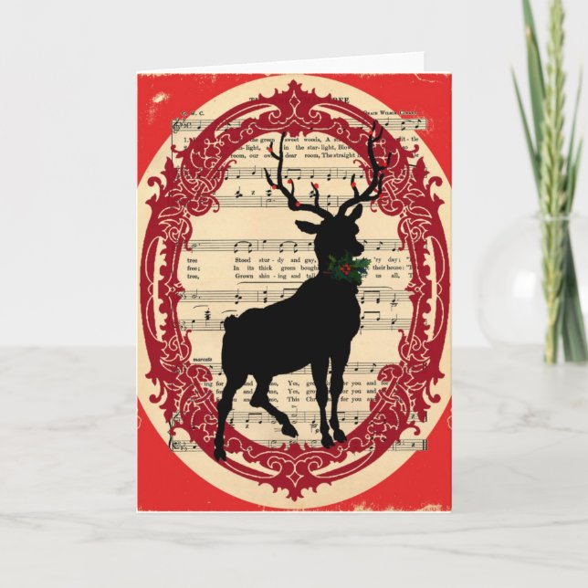 Vintage Deer with Holly Christmas Card (Front)