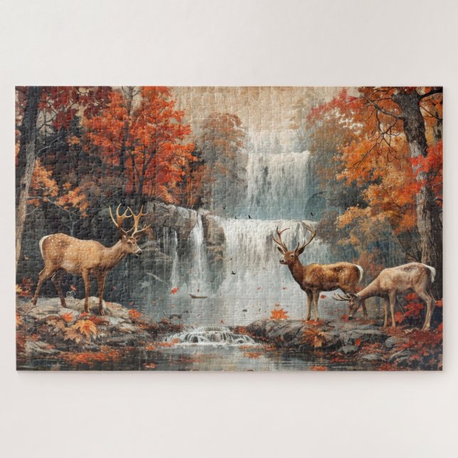Vintage Deer Woodland Waterfall 20x30 Jigsaw Puzzle (Horizontal)