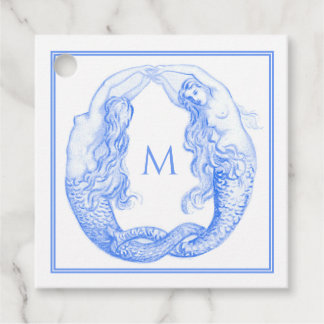 Vintage Delft Blue Art Nouveau Mermaids Monogram Favour Tags