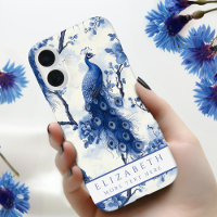 Vintage Delft Blue Floral Watercolor Peacock
