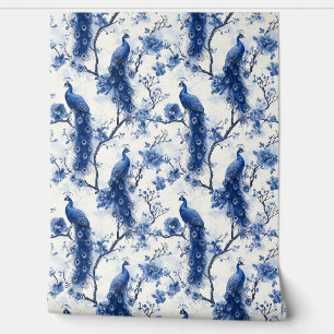 Vintage Delft Blue French Chinoiserie Peacock Wallpaper