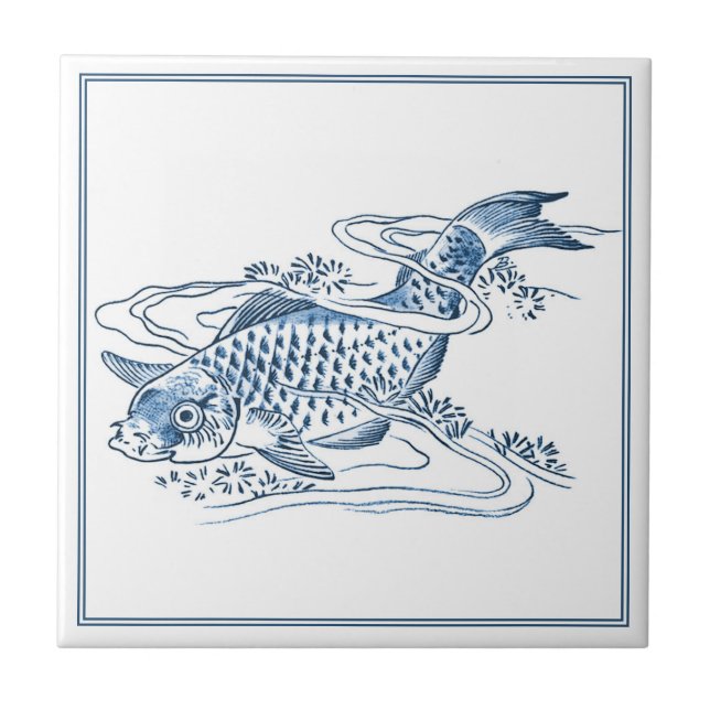 Vintage Delft Blue Japanese Style Catfish Drawing Tile (Front)