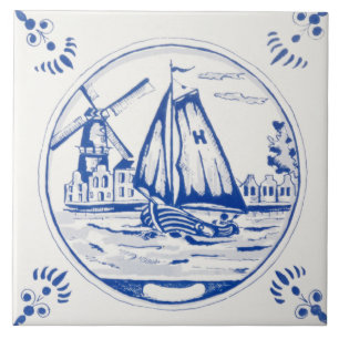 Vintage Delfts Blauw Dutch Windmill Sailboat Tile