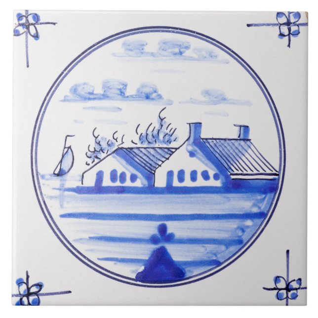 Vintage Delfts Blauw Dutch Windmill Sailboat Tile (Front)