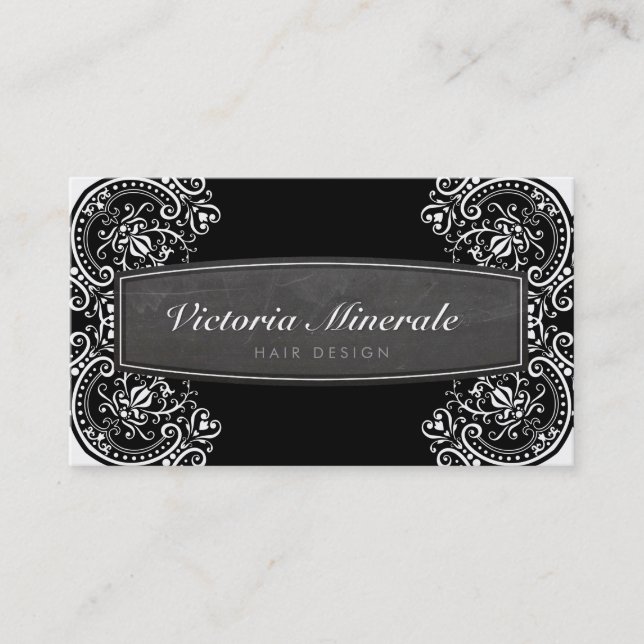 VINTAGE delicate filigree chalkboard black white Business Card (Front)
