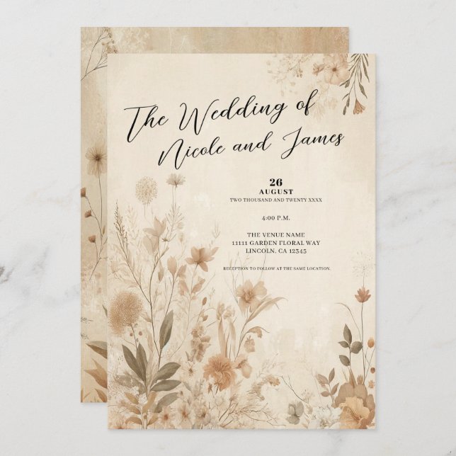 Vintage Delicate Floral Botanical Boho Wedding  Invitation (Front/Back)
