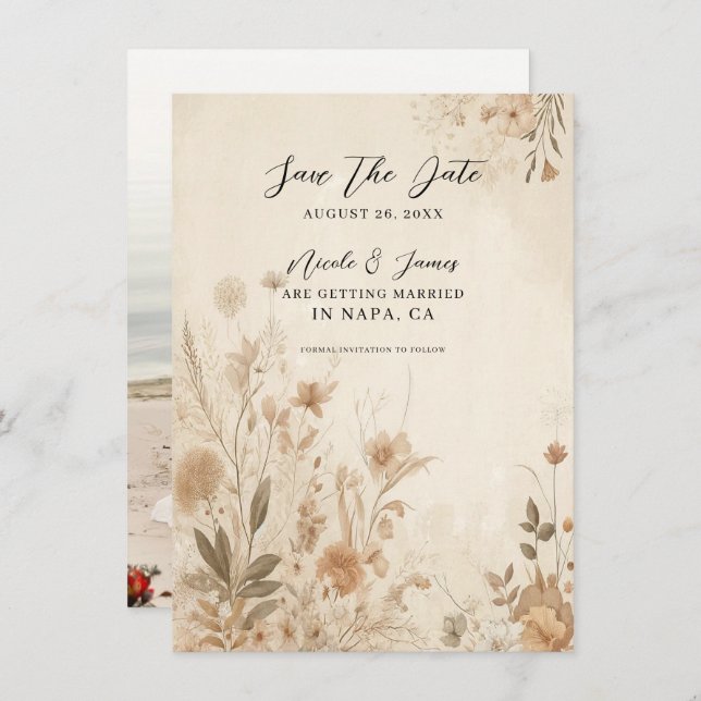 Vintage Delicate Floral Botanical Boho Wedding Invitation (Front/Back)