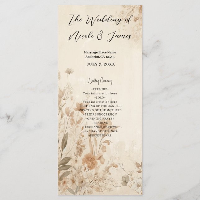 Vintage Delicate Floral Botanical Boho Wedding  Programme (Front)