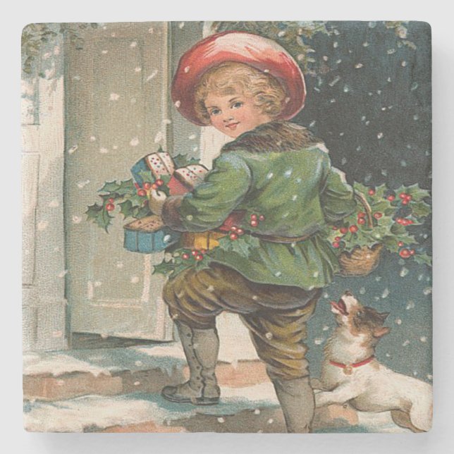Vintage Delivering Christmas Gifts Stone Coaster (Front)