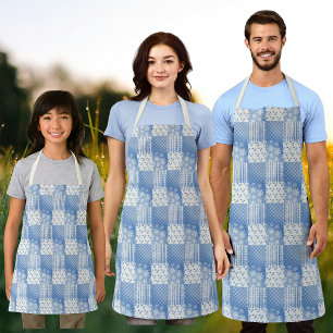 Vintage Denim Blue Creamy White Patchwork  Apron