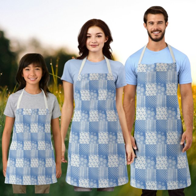 Vintage Denim Blue Creamy White Patchwork  Apron (3 sizes available)