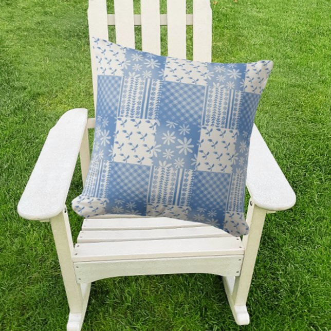 Vintage Denim Blue Creamy White Patchwork  Cushion (Denim blue and creamy white patchwork)