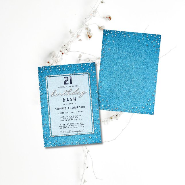Vintage Denim Diamonds Elegant 21st Birthday Party Invitation (Creator Uploaded)