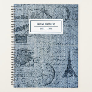 Vintage Denim Eiffel Tower Name Planner