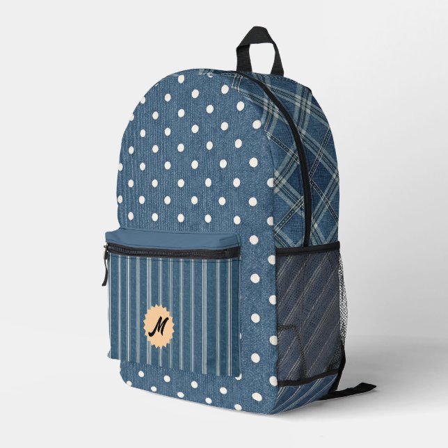 Vintage Denim-Print Dots Stripes Plaid Printed Backpack (Back Corner Right)