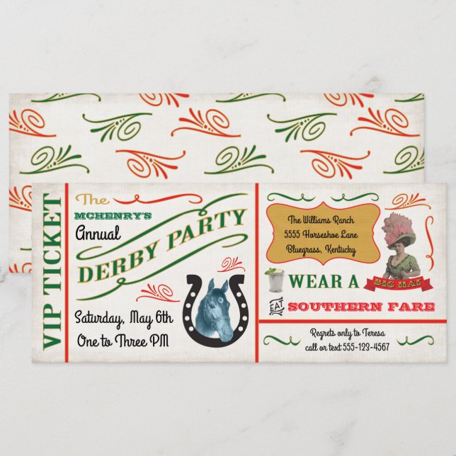 Vintage Derby Horse Racing Party Ticket Invitation (Front/Back)