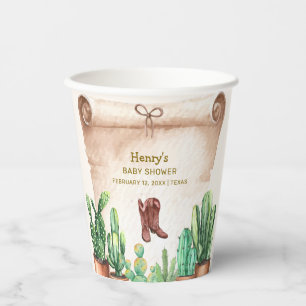 Vintage Desert Cactus Cowboy Boots Baby Shower Paper Cups