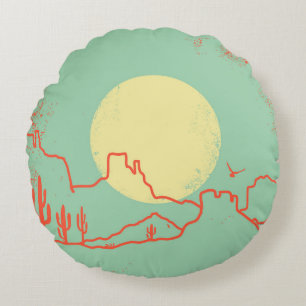 Vintage Desert landscape with Cactuses and Canyon. Round Cushion