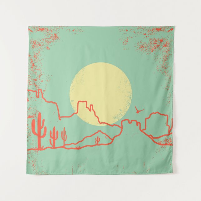 Vintage Desert landscape with Cactuses and Canyon. Tapestry (Front)