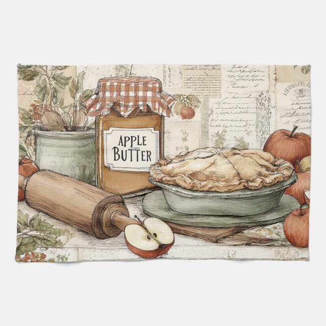 Vintage design Apple butter & Apple pie.  Tea Towel (Horizontal)