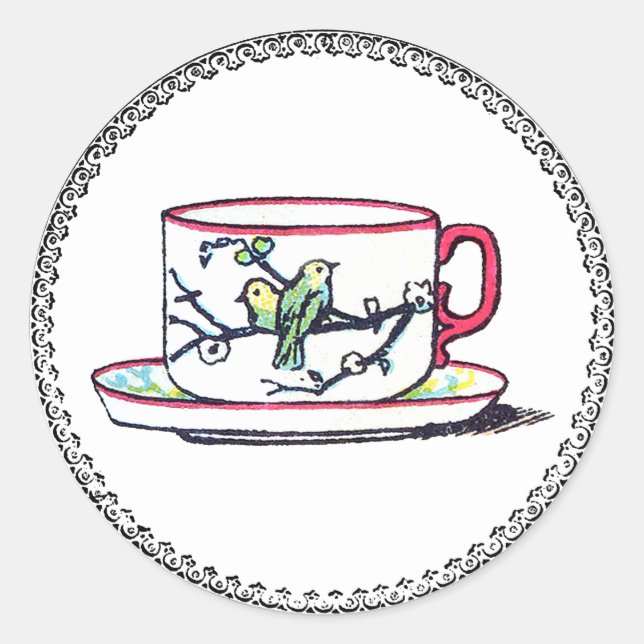 Vintage Design Your Own Logo Coffee or Tea Teacup Classic Round Sticker (Front)