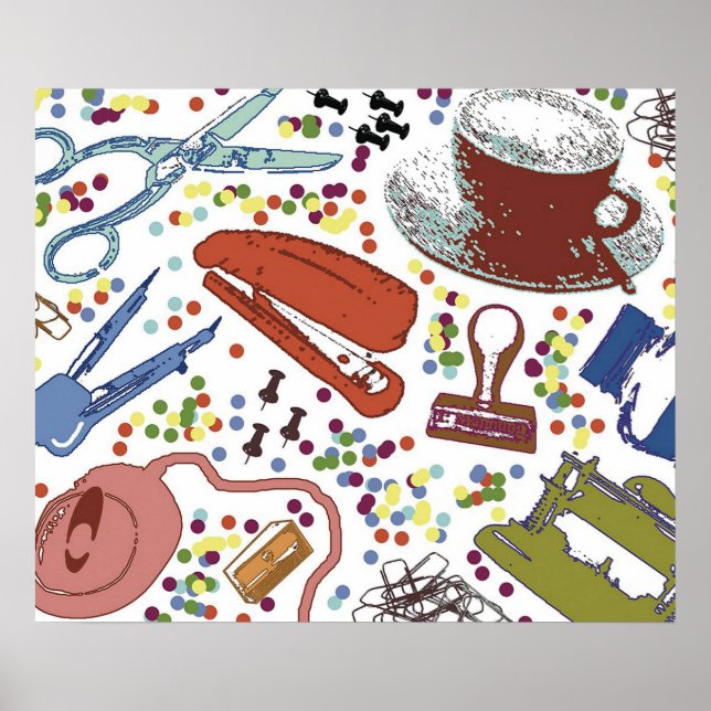 Vintage Desk Office Supplies Illustration Poster (Front)