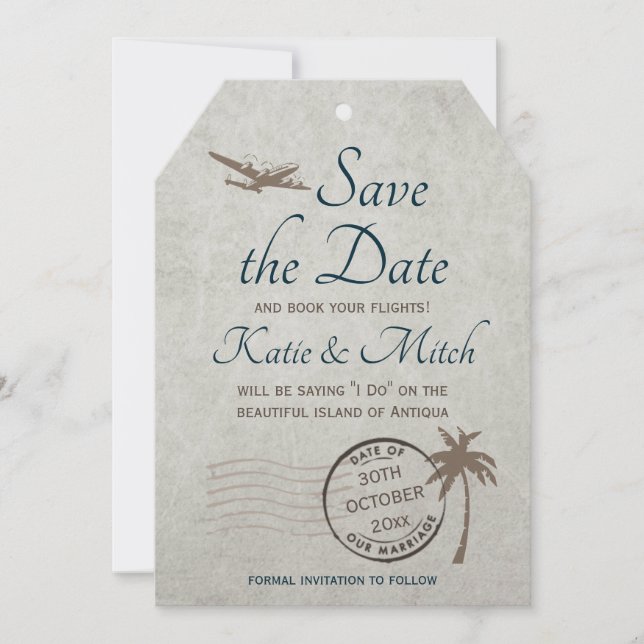 Vintage Destination Luggage Tag Save the Date Invitation (Front)