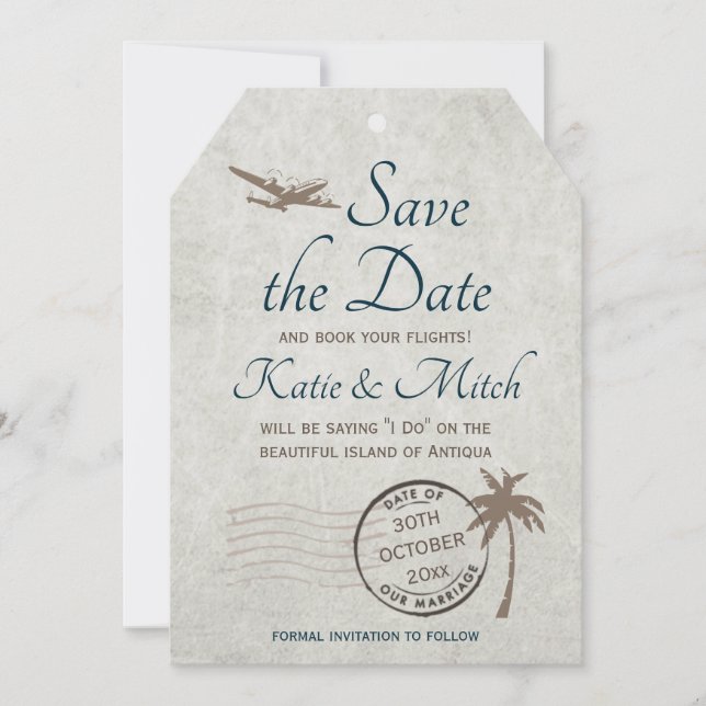 Vintage Destination Luggage Tag Save the Date Invitation (Front)