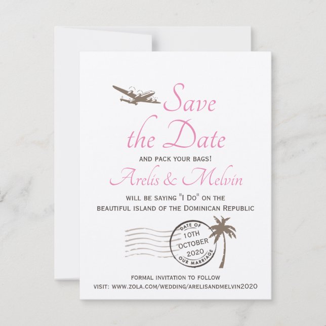 Vintage Destination Luggage Tag Save the Date Invitation (Front)