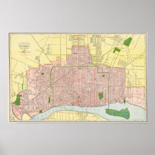 Vintage Detailed Detroit City Map 1912 Poster