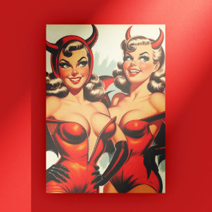 Vintage Devil Girls Illustration Postcard