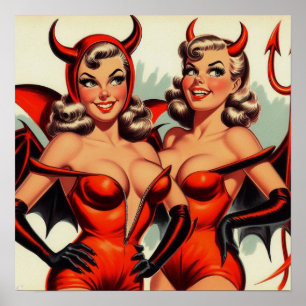 Vintage Devil Girls Illustration Poster