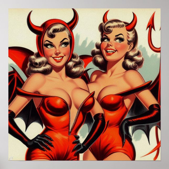 Vintage Devil Girls Illustration Poster (Front)