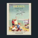 Vintage Devon England English Travel Postcard<br><div class="desc">Anyone would love to receive this vintage English travel postcard featuring a retro illustration of a family at the beach in Devon,  England!</div>