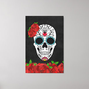 Vintage Dia De Los Muertos Red Roses Sugar Skull Canvas Print