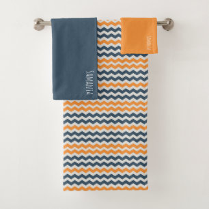 Vintage diagonal geometric orange grey name bath towel set