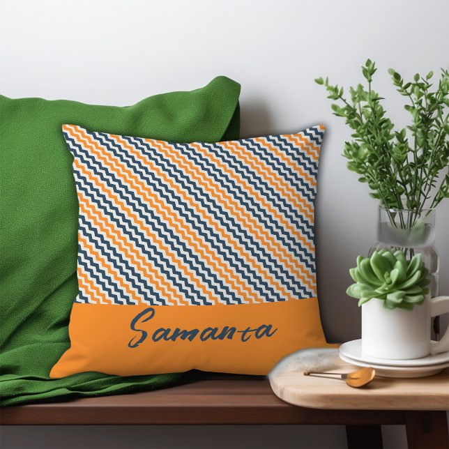 Vintage diagonal geometric orange grey name cushion (Creator Uploaded)