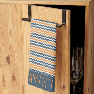 Vintage diagonal geometric orange grey name tea towel