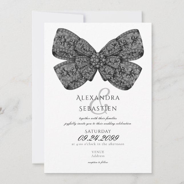 Vintage Diamonds Bow Script Black & White Wedding Invitation (Front)