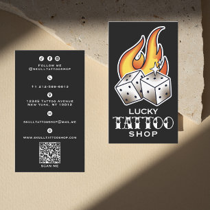 Vintage Dice and Flames Tattoo Shop Bold Business Card