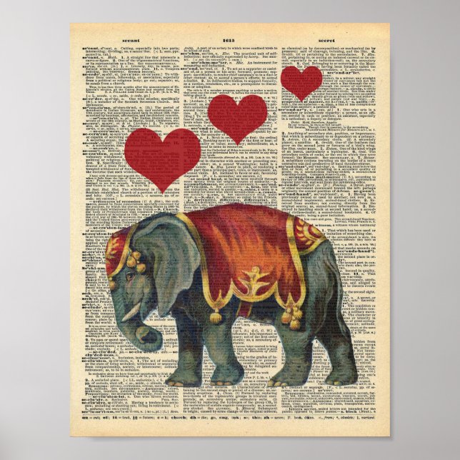 Vintage Dictionary Art Circus Elephant Love Poster (Front)