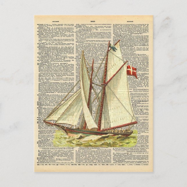Vintage Dictionary Art Nautical Sailboat on Ocean Postcard (Front)