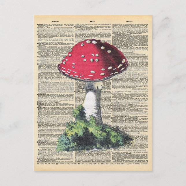 Vintage Dictionary Art Red Mushroom Fairy House Postcard (Front)