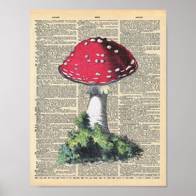 Vintage Dictionary Art Red Mushroom Fairy House Poster (Front)