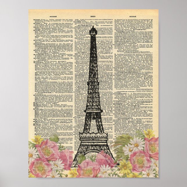 Vintage Dictionary Art Romantic Paris Eiffel Tower Poster (Front)