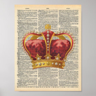 Vintage Dictionary Art Royal Red Gold Crown Poster