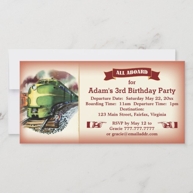 Vintage Diesel Train Birthday Party Invitation Red (Front)