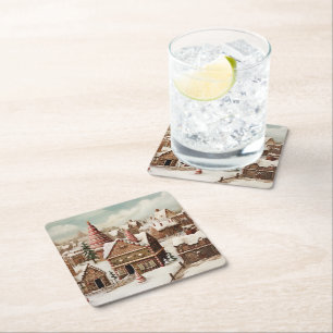 Vintage digital gingerbread village square paper coaster